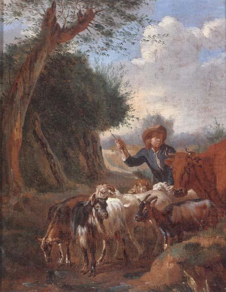 A Young herder with cattle and goats in a landscape, unknow artist